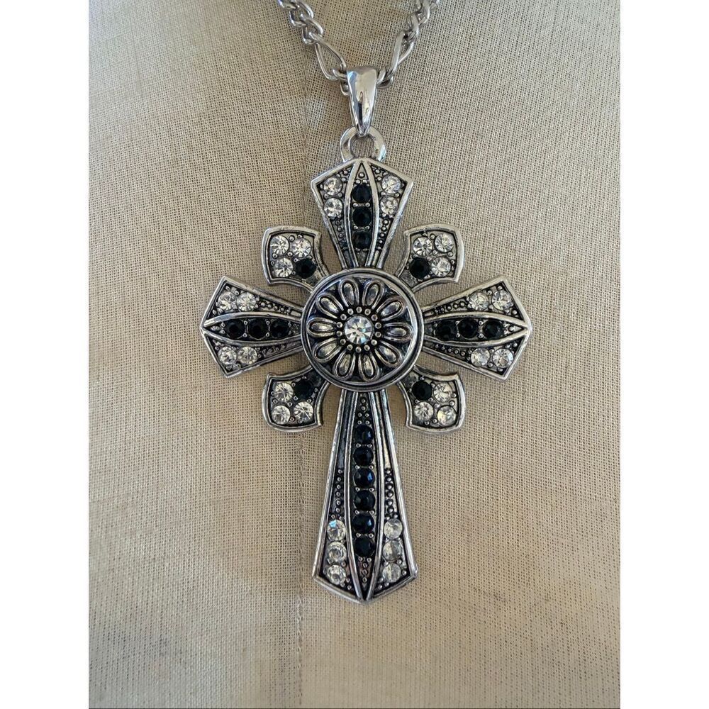 Silver Tone Rhinestone Cross Pendant Necklace Black & Clear Statement